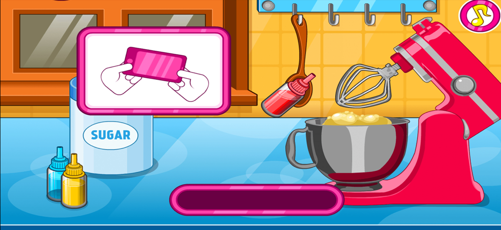 Cooking Games Baking Lasagna - A colorful kitchen scene with a pink electric mixer and sugar in the lasagna cooking game