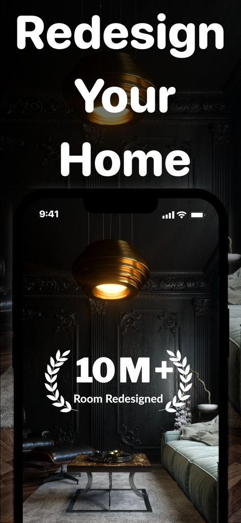 Smartphone-Bildschirm mit der RoomGPT-App, einem eleganten dunklen Innendesign und dem Text Redesign Your Home