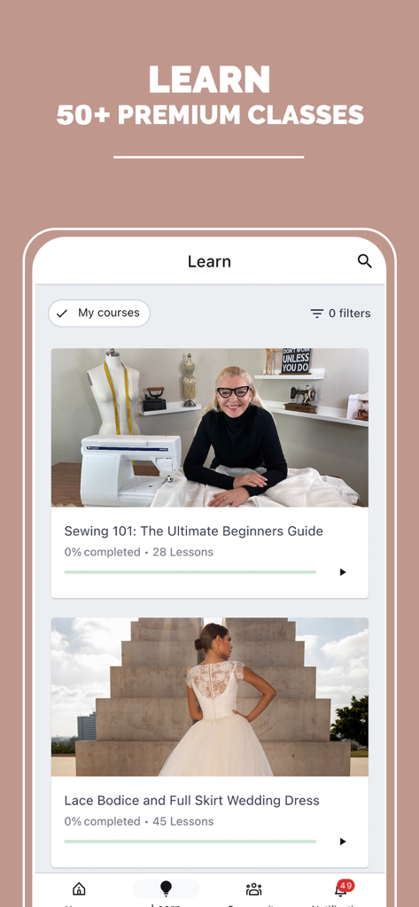 Dressmaking Academy - Dressmaking Academy app screen showing premium sewing and fashion design courses including beginners guide and wedding dress tutorials