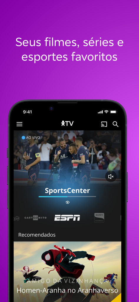 Vivo Play - Filmes, Séries, TV - Vivo Playアプリインターフェース、ライブスポーツ中継と映画・ドラマのセレクションを表示