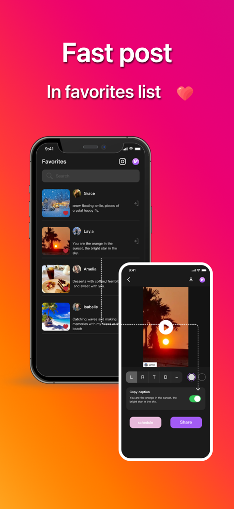 ClipKeep - Instant Save & Edit - Interface of ClipKeep app displaying a list of favorite videos and a post scheduling screen