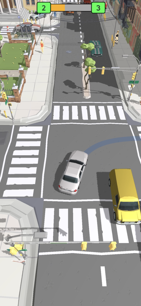 Pick Me Up 3D: Taxi Game - Captura de pantalla del juego de Pick Me Up 3D que muestra un coche de taxi blanco navegando por una intersección de la ciudad con pasos de peatones y otros vehículos.