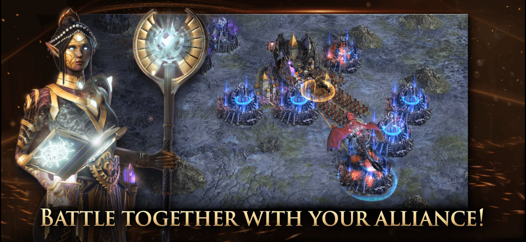 A fantasy hero character next to a kingdom battle scene with the text Battle Together With Your Alliance