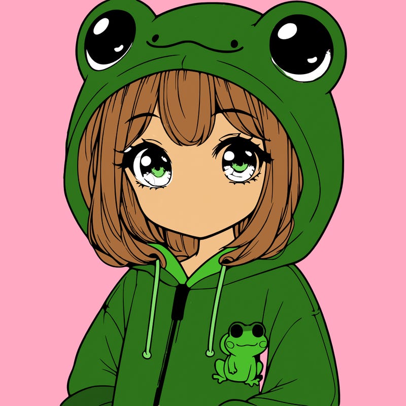 cute realistic girl in a froggy hoodie