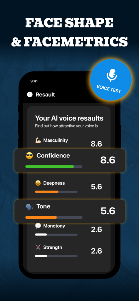 Smartphone screen displaying AI voice analysis results for masculinity and confidence