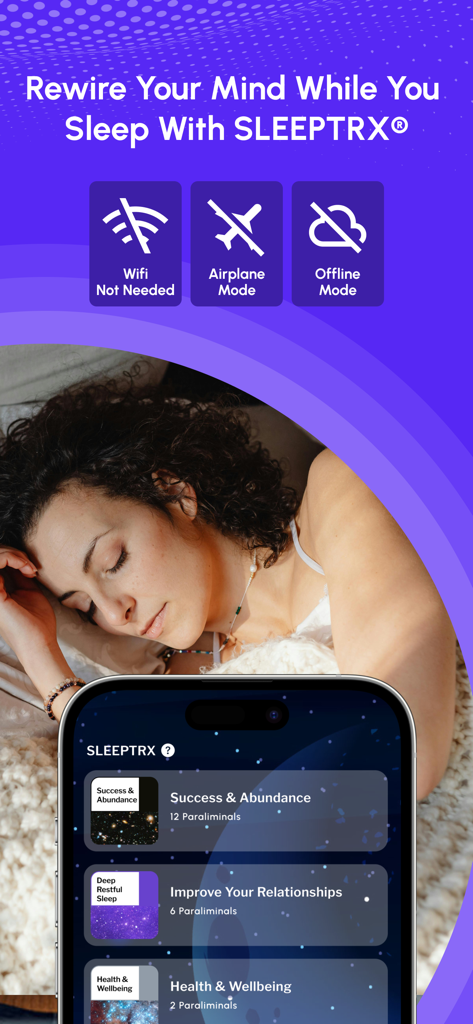 MINDTRX: Self Help & Mindset - Una mujer durmiendo junto a un smartphone que muestra la pantalla SLEEPTRX de la aplicación MINDTRX con íconos para uso en modo offline y avión.