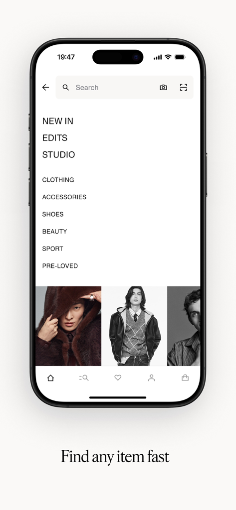 HM mobile app search screen showing fashion categories and visual discovery tools