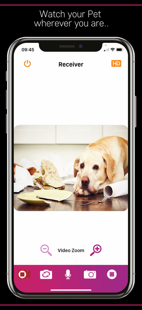 PetCam App - Dog Camera App - PetCam App interface on an iPhone showing a live video feed of a dog at home with remote control features