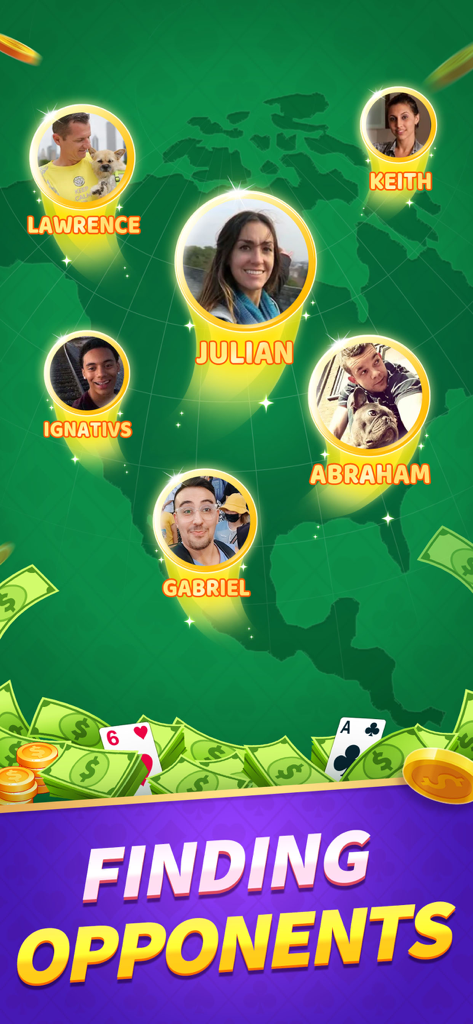 FreeCell Solitaire: Real Money - A screen showing the app finding real life opponents on a map for a competitive skill based solitaire match