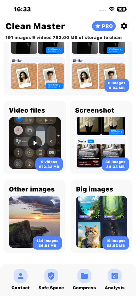 Ai Clean Master: Free Up Space - Main dashboard of Ai Clean Master app showing categories for cleaning videos screenshots and large images