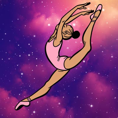 gymnast doing a leap in a leotard with a bent back leg