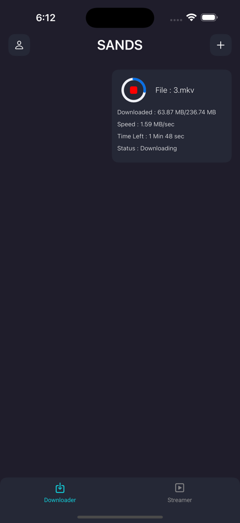 SANDS-Movie - SANDS-Movie app interface showing a video file download in progress with speed and time remaining