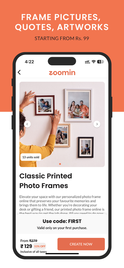 Zoomin: Shop Photobook & Gifts - Zoomin mobile app interface for creating and ordering custom printed photo frames
