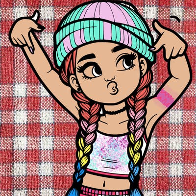 realistic teenage girl with braids and a beanie and crop top doing 🫶🏼