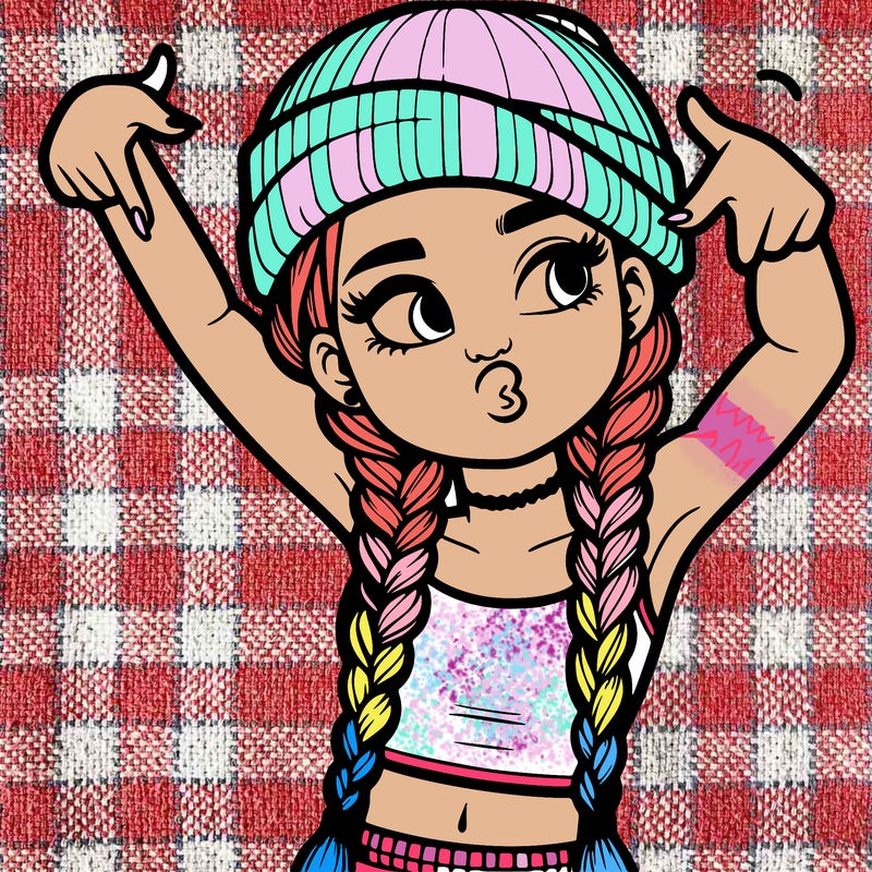 realistic teenage girl with braids and a beanie and crop top doing 🫶🏼