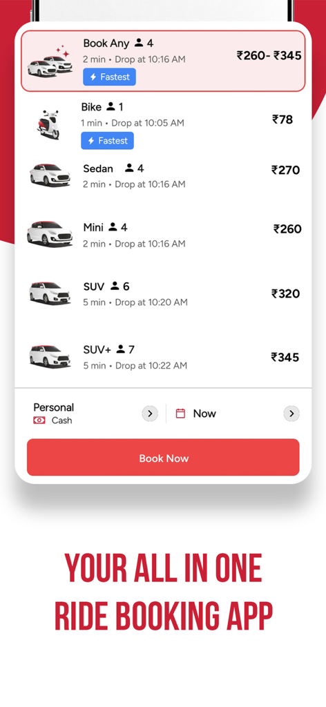 A mobile screen showing various ride options in the Red Taxi app including bike, sedan, and SUV with transparent pricing