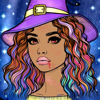 realistic girl with wavy hair a witch hat and a nose and lips and eyes