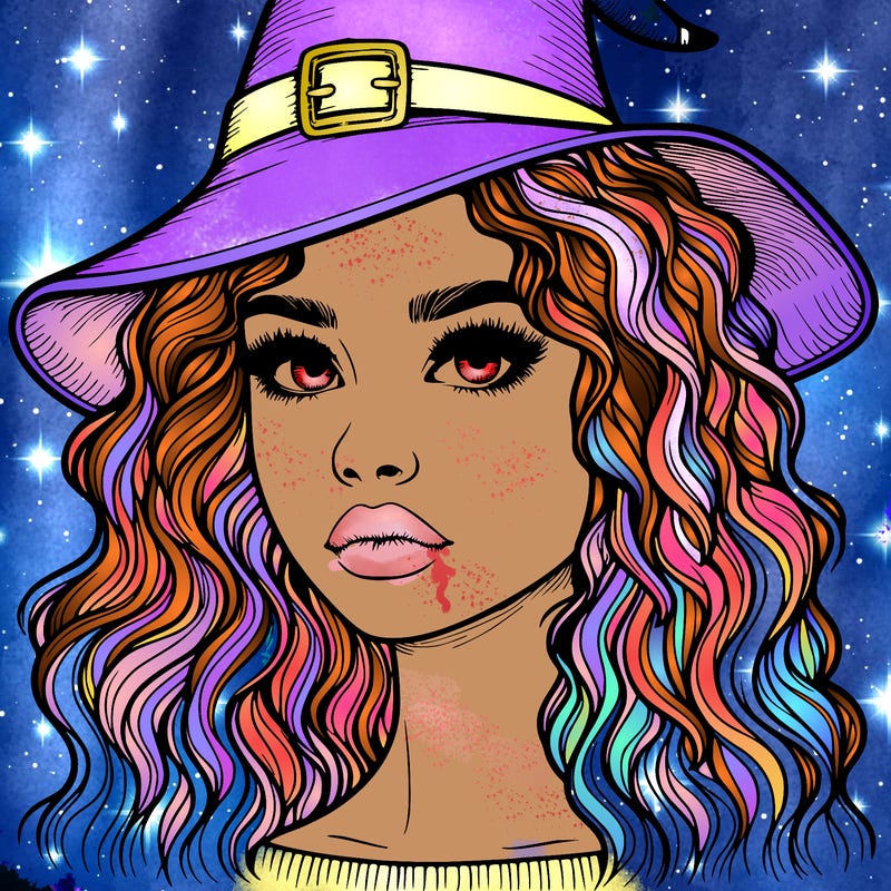 realistic girl with wavy hair a witch hat and a nose and lips and eyes