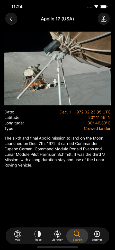 Moon Atlas - ムーンアトラスアプリの画面。アポロ17号の月面着陸ミッションに関する歴史的な詳細と位置データが表示されます。