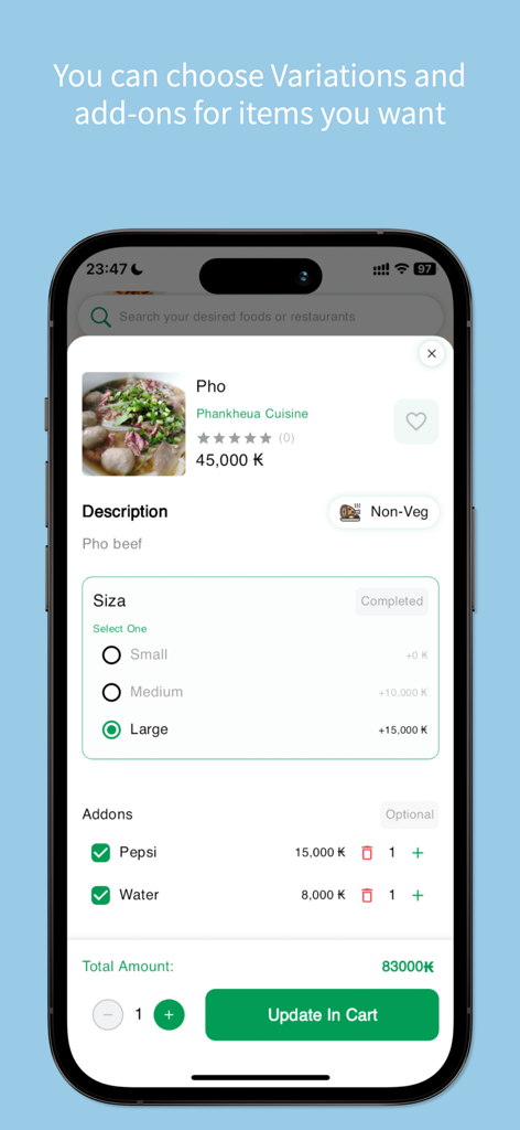 Bento Delivery Service - Bento Delivery Service app screen for customizing a Pho order with size options and beverage add-ons