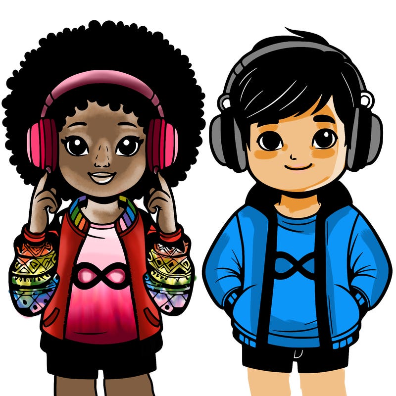 an afroamerican girl with headphones and a boy with headphones, they have an ♾️ symbol on their shirt