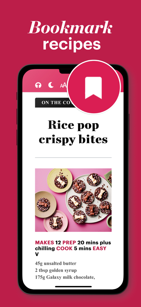 Interface de l'application Good Food Magazine montrant une recette de bouchées de riz soufflé croustillantes avec une icône de marque-page proéminente
