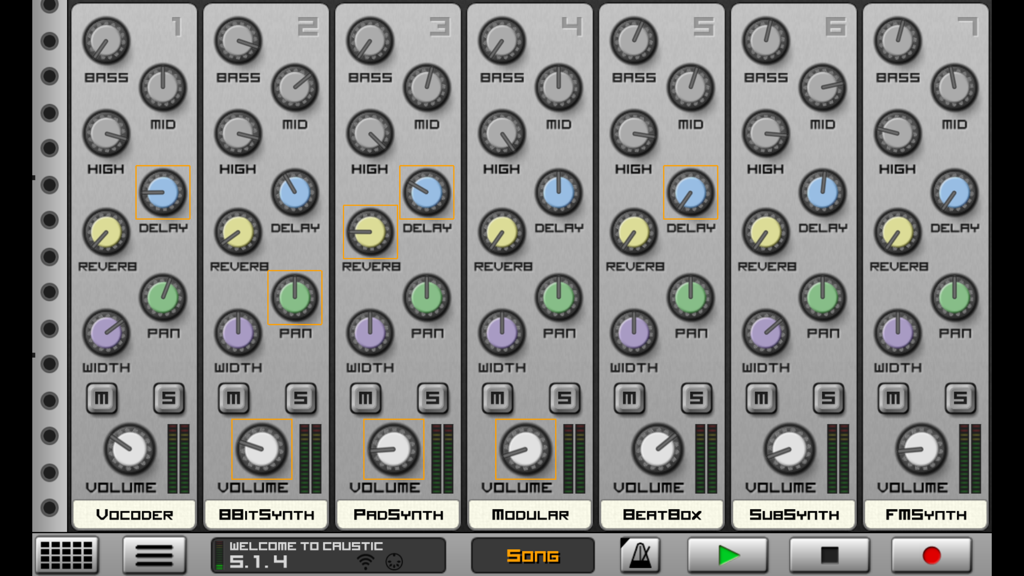 Mixer desk view in Caustic 3 showing multiple channel strips with knobs for bass mid high delay and reverb