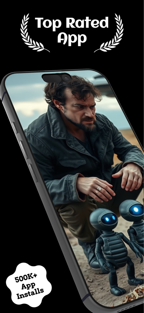 Arena AI Mobile - Arena AI 모바일의 스크린샷으로, 최고 등급 앱 배지와 작은 로봇들이 있는 남성의 영화 같은 AI 생성 이미지를 보여줍니다.