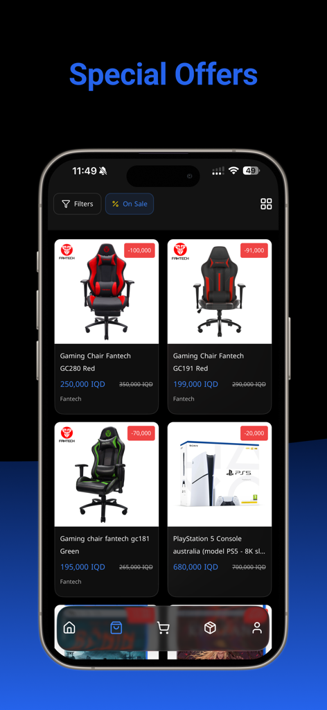 Ari Gaming app screen showing discounted gaming chairs and a PlayStation 5