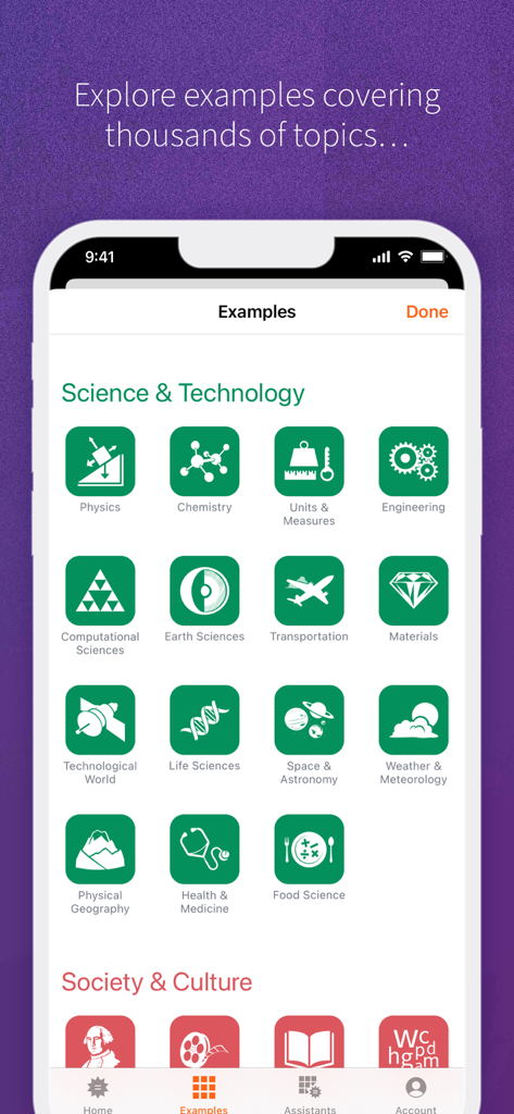WolframAlpha - Tela do aplicativo WolframAlpha mostrando categorias de exemplo para tópicos de ciência e tecnologia