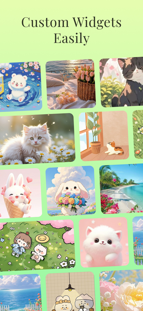A collection of cute and aesthetic illustrations for mobile widget customization including cats bunnies and scenic views