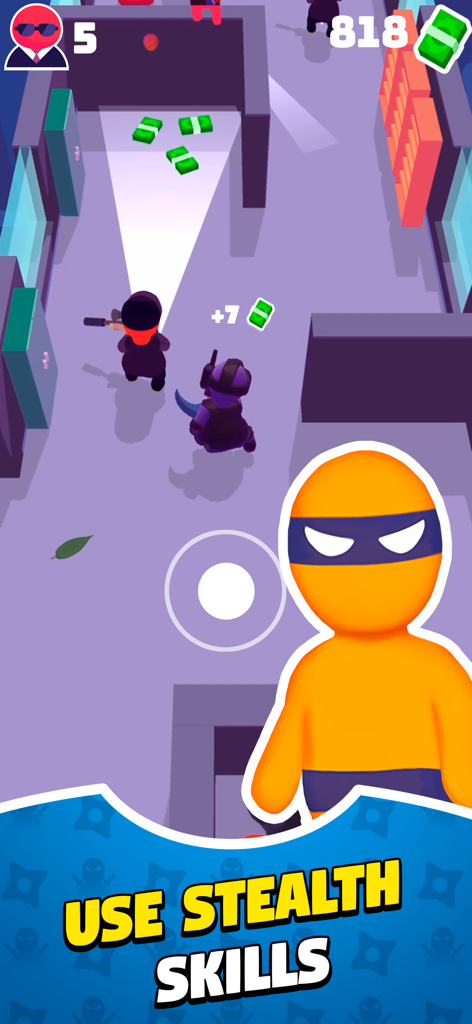 Stealth Master: Assassin Ninja - A ninja character sneaking behind a guard to collect money in a stealth action game level.