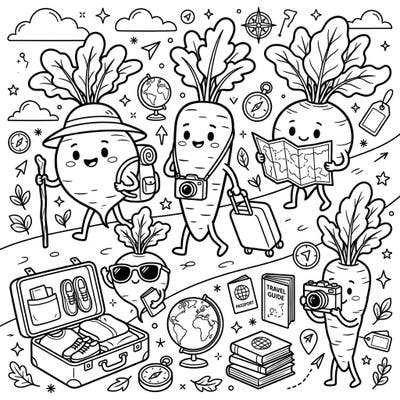 Get ready for a unique coloring journey with our adorable Root Vegetables on Vacation page! Join these cheerful veggies as they explore the world, packed with fun travel-themed details waiting for your creative touch.