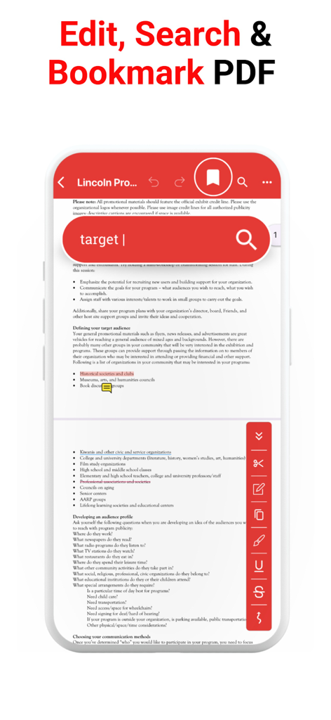 PDF Reader, Editor & Scanner + - Interface of the PDF Reader app showing a document with a search bar and editing tools