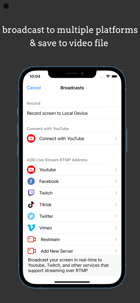 Live Recorder -Screen Recorder - Oberfläche, die mehrere Live-Streaming-Plattformen für Bildschirmaufnahme und -übertragung anzeigt