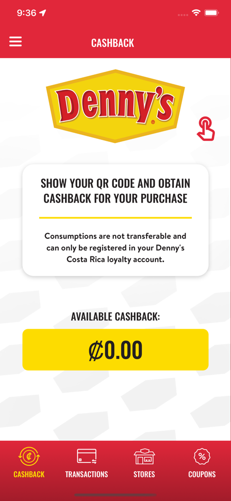 Denny's Costa Rica - Pantalla de la app Denny's Costa Rica que muestra el cashback disponible y las recompensas de lealtad