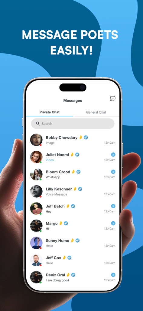 Mobile app screen showing the private messaging interface for connecting with other poets