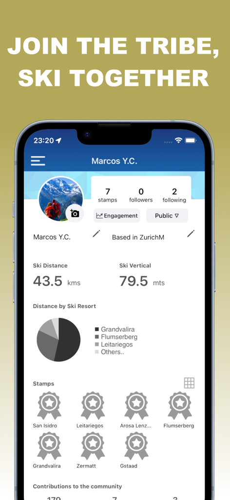 A mobile screen showing a user profile with ski statistics like vertical distance and resort stamps.