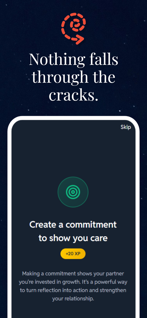 Couples Relationship AI App - Pantalla de la aplicación móvil que muestra una función para crear compromisos de relación y ganar puntos de experiencia