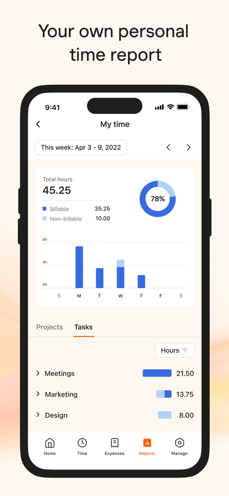 Harvest app personal time report screen showing total billable hours and task breakdown for the week