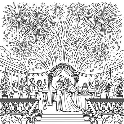 Capture the joy of a summer wedding with this spectacular coloring page, featuring a happy couple, joyful guests, and a magnificent display of fireworks. It's the perfect way to celebrate love and warm evenings with your creative touch.