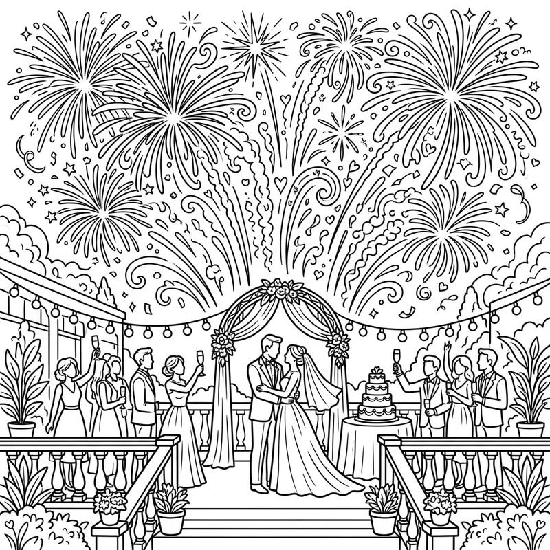 Capture the joy of a summer wedding with this spectacular coloring page, featuring a happy couple, joyful guests, and a magnificent display of fireworks. It's the perfect way to celebrate love and warm evenings with your creative touch.