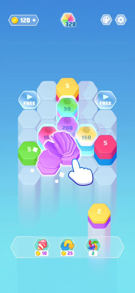 Gameplay of Color Slide Hexa Puzzle showing purple hexagons being sorted on a board.