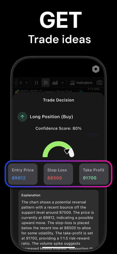 Chart Pal • Trading AI - Chart Pal mobile app interface showing an AI generated trade decision for a long position with entry price stop loss and take profit levels