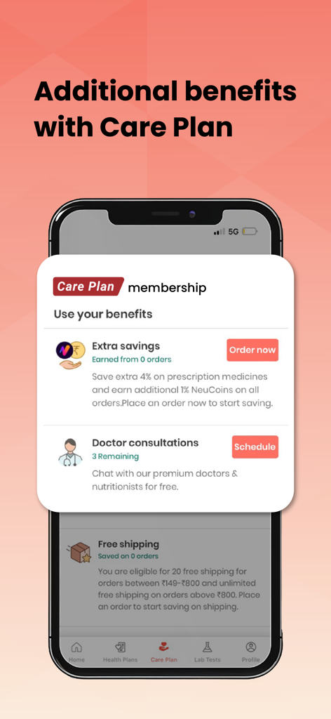 Tata 1mg app screen showing Care Plan membership benefits including medicine savings and doctor consultations
