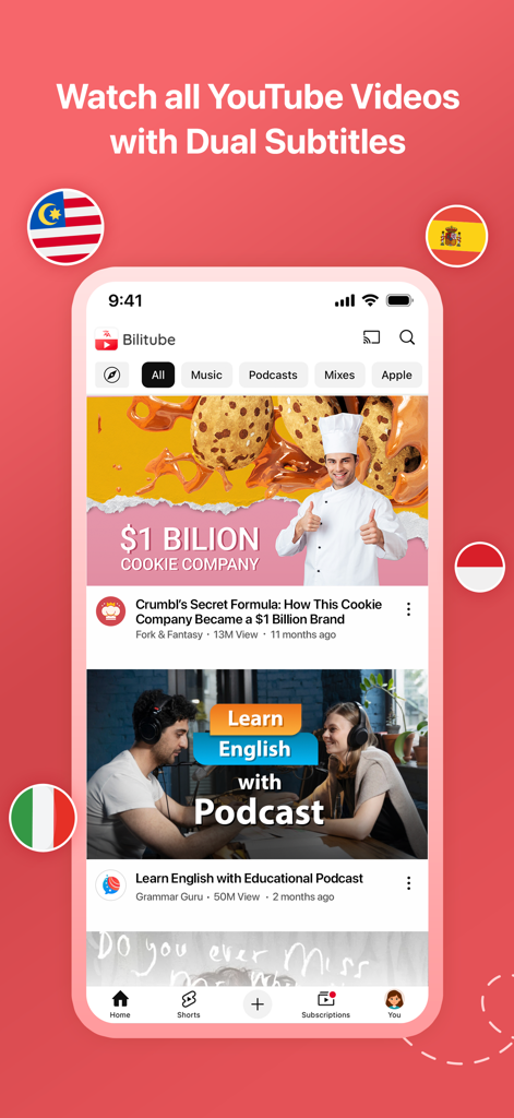 Interface de l'application BiliTube montrant un flux vidéo YouTube pour l'apprentissage des langues avec des sous-titres doubles.
