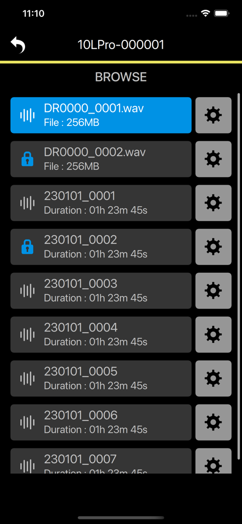 TASCAM RECORDER CONNECT - TASCAM RECORDER CONNECT file browser displaying a list of WAV recordings with size and duration information