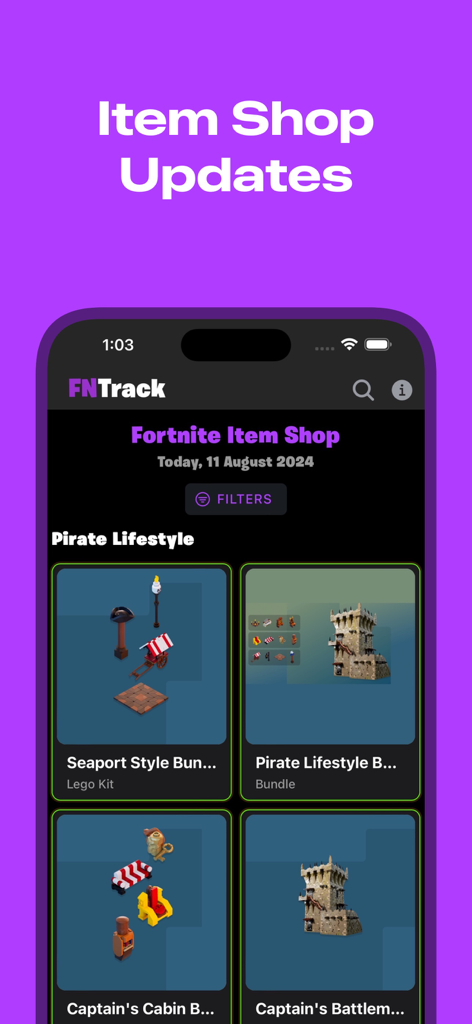 FNTrack - FN Companion App - Pantalla de la app FNTrack mostrando los paquetes de cosméticos actuales de la Tienda de Ítems de Fortnite