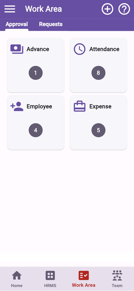 EazeWork mobile app Work Area screen showing counts for pending approvals in Advance Attendance Employee and Expense categories