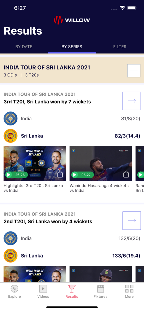 Willow app results screen showing cricket scores and match highlights.